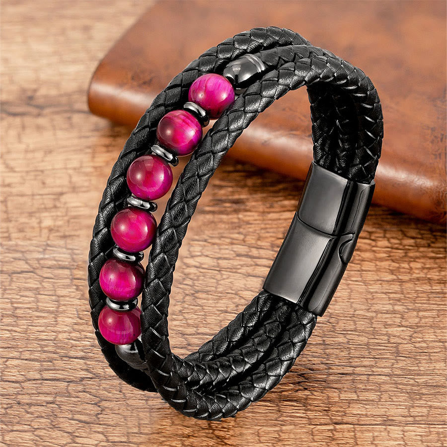 Olivenorma Premium Quality Braided Leather & Nature Stone Magnetic Clasp Bracelet - Rose Red Tiger Eye - 23cm - image 16