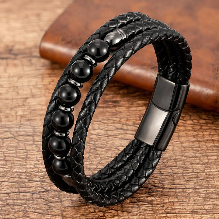 Olivenorma Premium Quality Braided Leather & Nature Stone Magnetic Clasp Bracelet - Black Onyx - 23cm - image 8