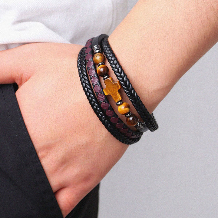 Olivenorma Timeless Braided Leather & Natural Stone Cross Stacked Bracelet - image 2