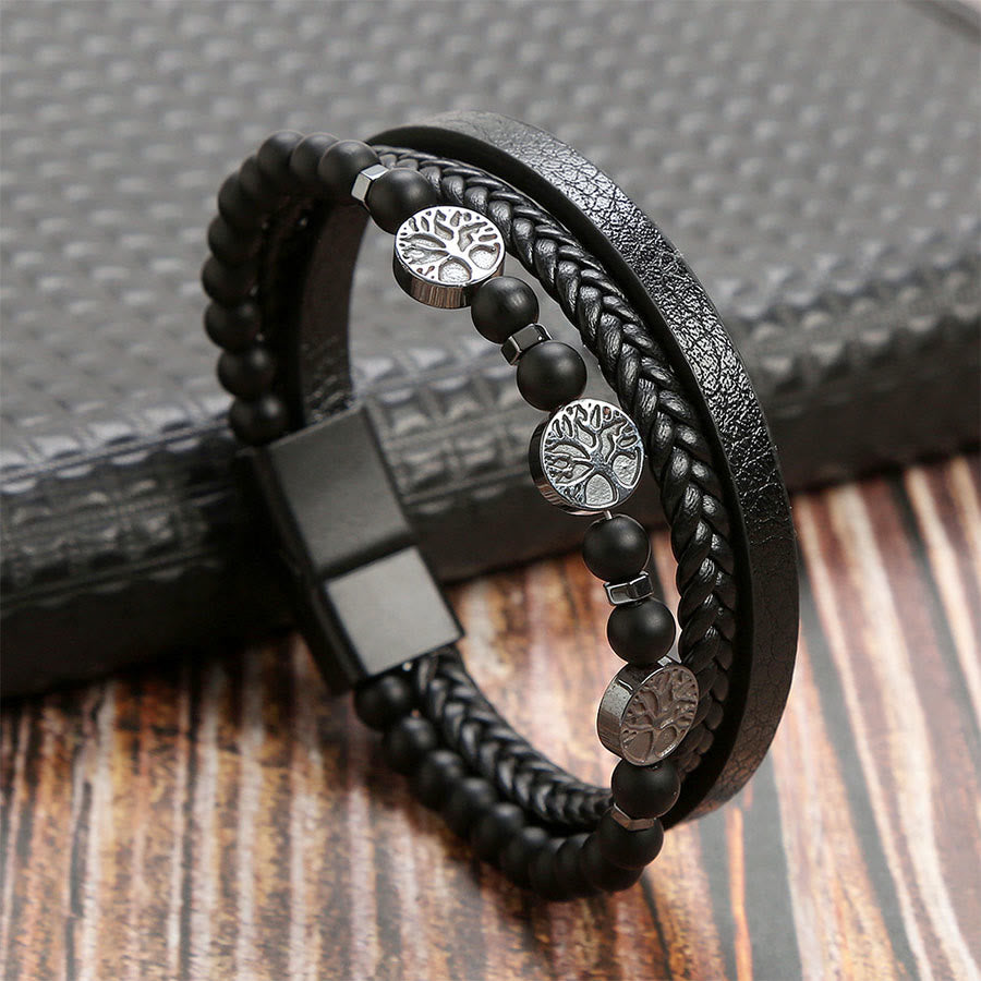 Olivenorma Bohemian Style Braided Leather & Nature Symbol Beaded Bracelet - Black Onyx - 23cm - image 7