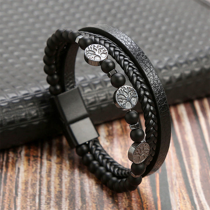 Olivenorma Bohemian Style Braided Leather & Nature Symbol Beaded Bracelet - Black Onyx - 23cm - image 7