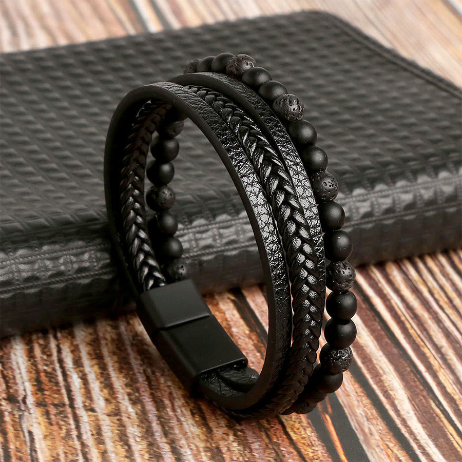 Olivenorma Multi-strand Braided Leather & Natural Stone Stackable Bracelet - Lava Stone - 23cm - image 4