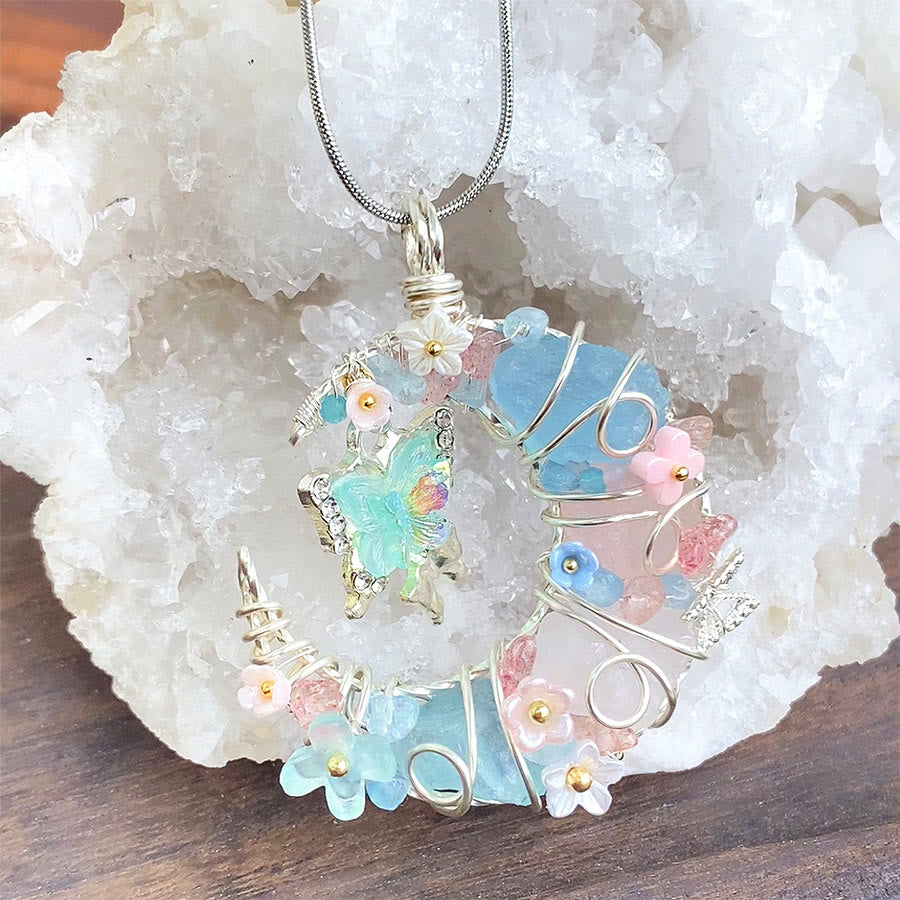 Olivenorma Blue Aquamarine Rose Quartz Crescent Moon Butterfly Floral Necklace - image 2