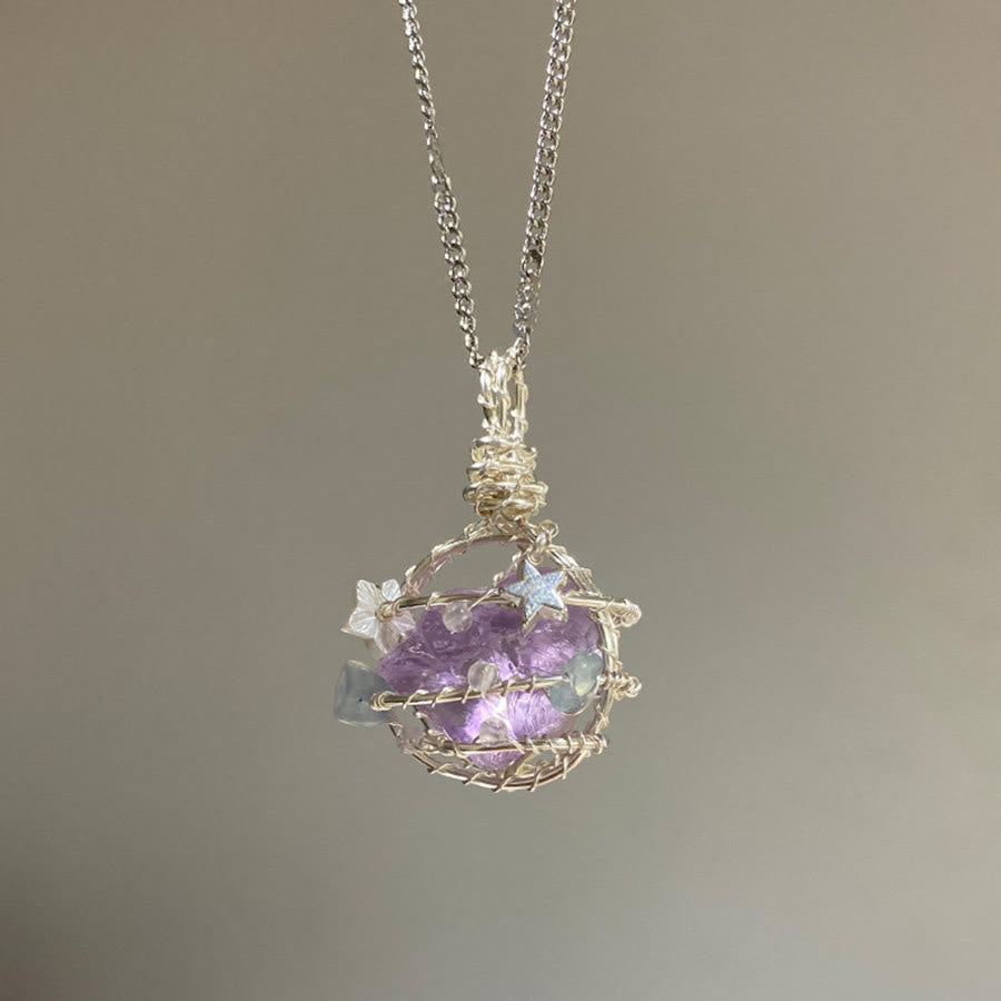 Olivenorma Nature Stone Pendant with Enamel Flowers & Peridot Necklace - Amethyst Cluster - image 15