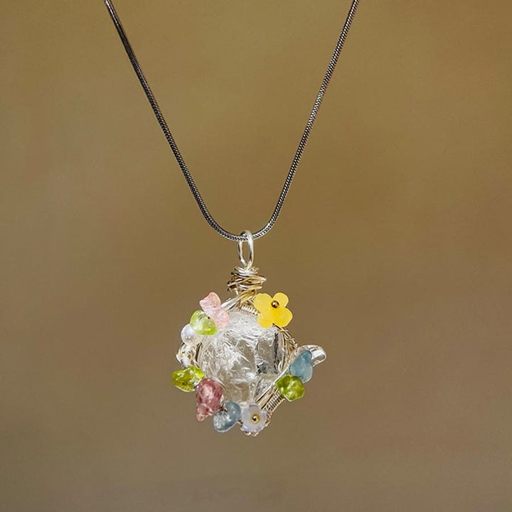 Olivenorma Nature Stone Pendant with Enamel Flowers & Peridot Necklace - Clear Quartz - image 12