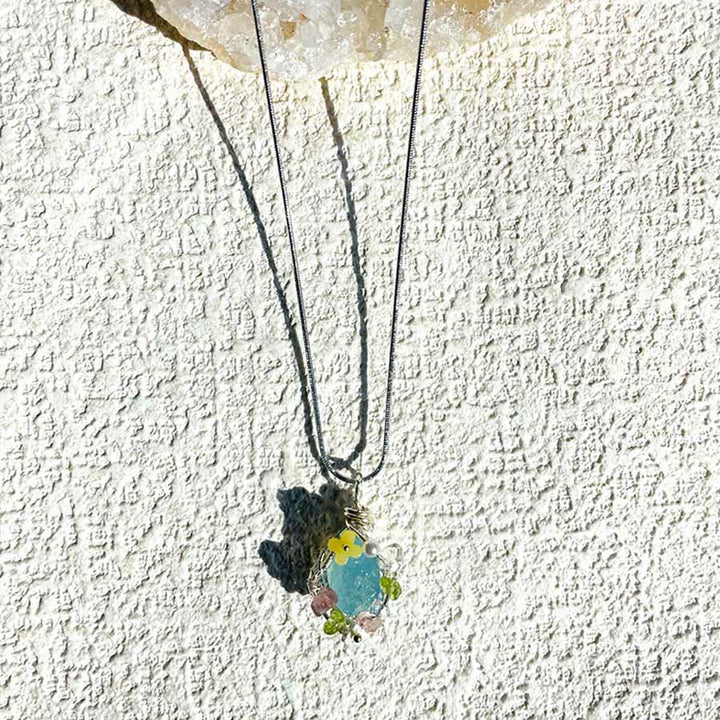 Olivenorma Nature Stone Pendant with Enamel Flowers & Peridot Necklace - image 4
