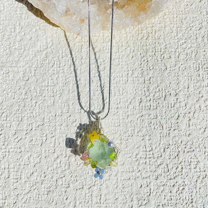 Olivenorma Nature Stone Pendant with Enamel Flowers & Peridot Necklace - image 9