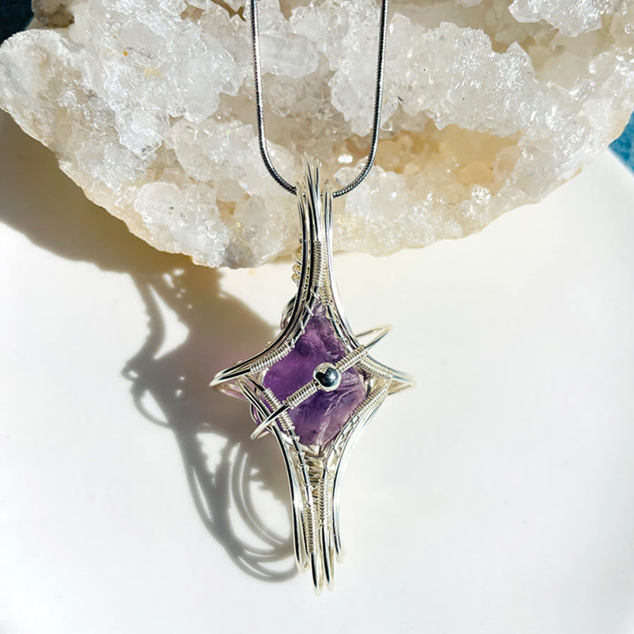 Olivenorma Celestial Themed Amethyst & Aquamarine Nature Stone Wire Wrapped Necklace - Amethyst & Planet - image 1