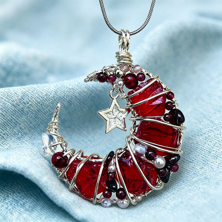 Olivenorma Handmade Wire Wrapped Crescent Moon Garnet & Red Glass Necklace - image 5