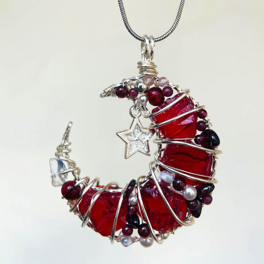 Olivenorma Handmade Wire Wrapped Crescent Moon Garnet & Red Glass Necklace - Red Glass Star - image 3
