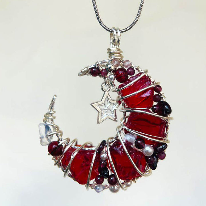Olivenorma Handmade Wire Wrapped Crescent Moon Garnet & Red Glass Necklace - Red Glass Star - image 3