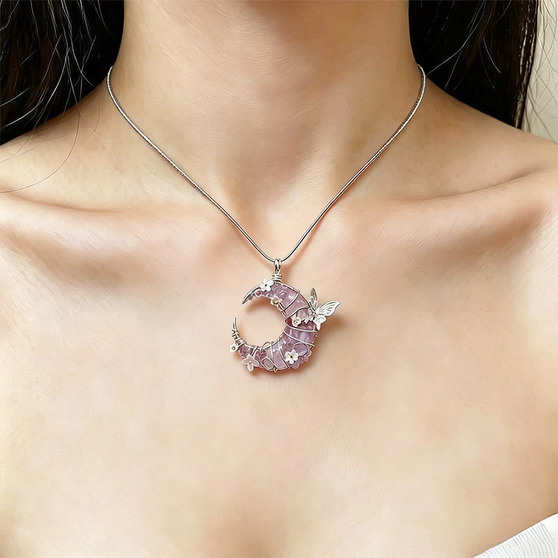 Olivenorma Handmade Wire Wrapped Crescent Moon Rose Quartz & Aquamarine Butterfly Floral  Necklace - image 7