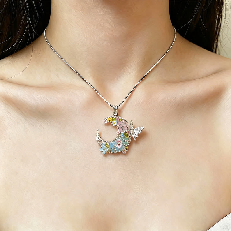 Olivenorma Handmade Wire Wrapped Crescent Moon Rose Quartz & Aquamarine Butterfly Floral  Necklace - image 2