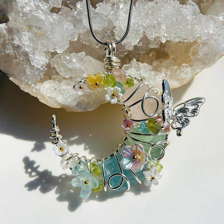 Olivenorma Handmade Wire Wrapped Crescent Moon Rose Quartz & Aquamarine Butterfly Floral  Necklace - image 3
