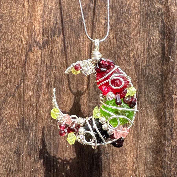Olivenorma Whimsical Obsidian & Mixed Glass Crescent Moon Wire Wrapped Necklace - image 3