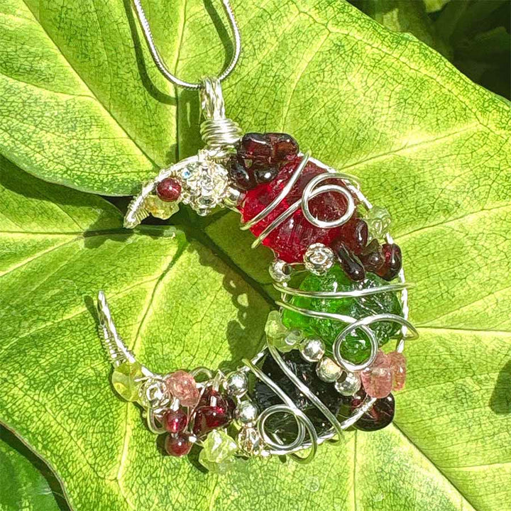 Olivenorma Whimsical Obsidian & Mixed Glass Crescent Moon Wire Wrapped Necklace - image 2
