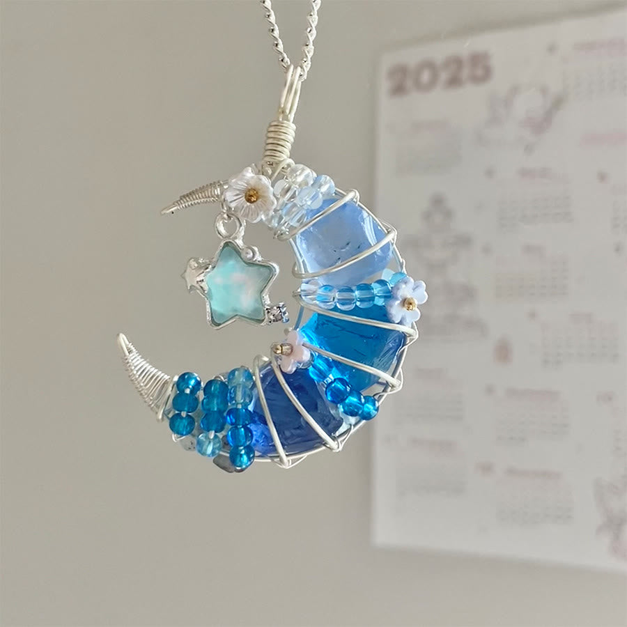 Olivenorma Raw Crystal Olivenorma RawCrescent Moon Pendant with Star & Flower Accents Silver Necklace Crescent Moon Pendant with Star & Flower Accents Silver Necklace - Aquamarine - image 3