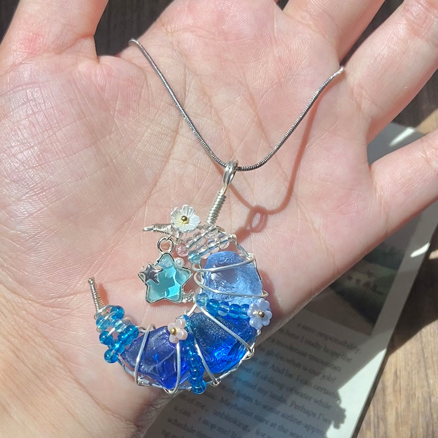 Olivenorma Raw Crystal Olivenorma RawCrescent Moon Pendant with Star & Flower Accents Silver Necklace Crescent Moon Pendant with Star & Flower Accents Silver Necklace - image 4