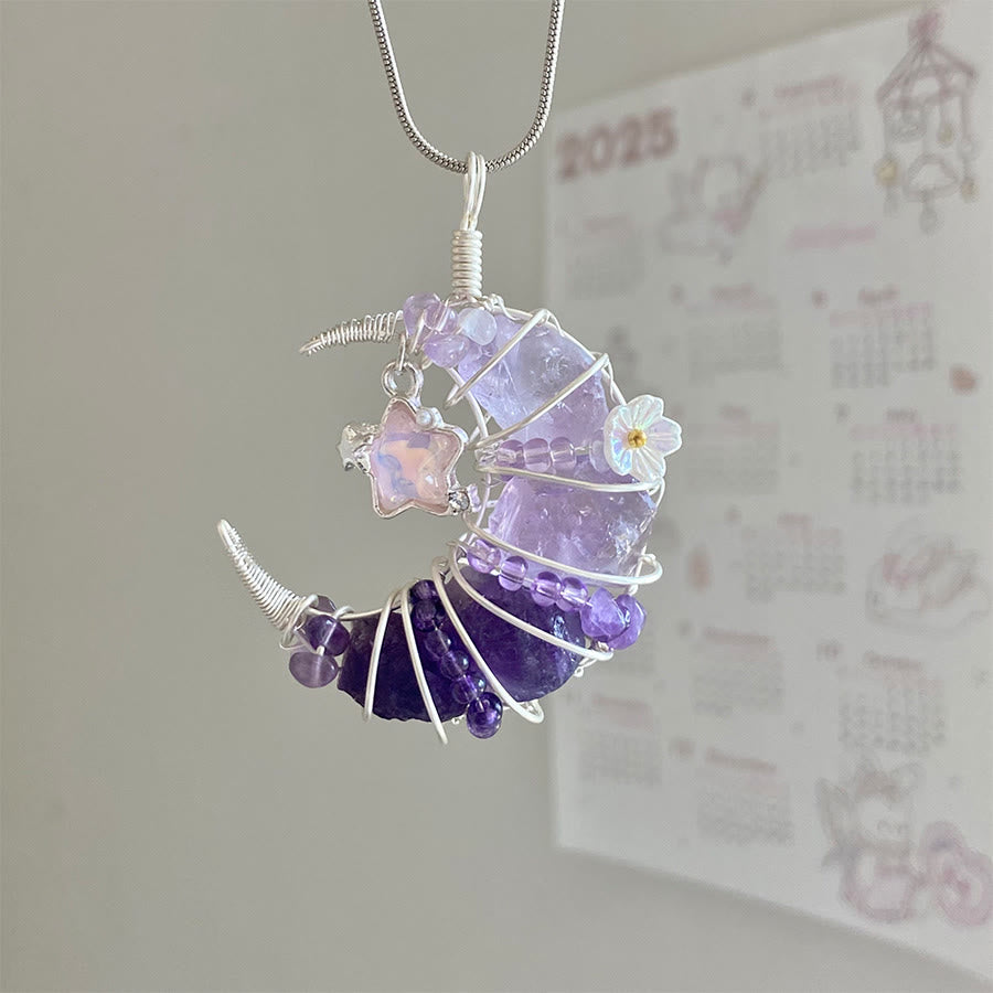 Olivenorma Raw Crystal Olivenorma RawCrescent Moon Pendant with Star & Flower Accents Silver Necklace Crescent Moon Pendant with Star & Flower Accents Silver Necklace - Amethyst & Star Moon - image 8