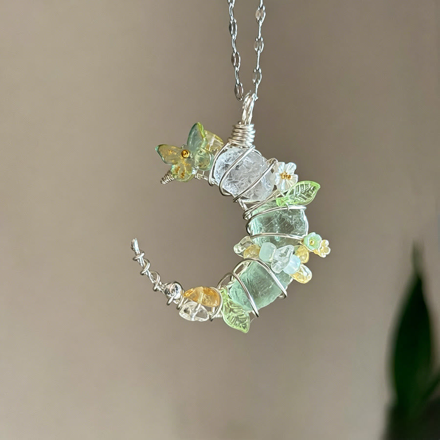 Olivenorma Crystal Crescent Moon Pendant with Butterfly Star Accents Necklace - Fluorite - image 8