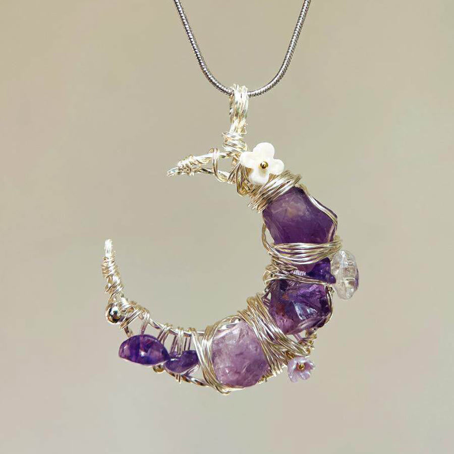 Olivenorma Whimsical Pastel Crescent Moon with Floral Pendant Nature Stone Necklace - Amethyst - image 2