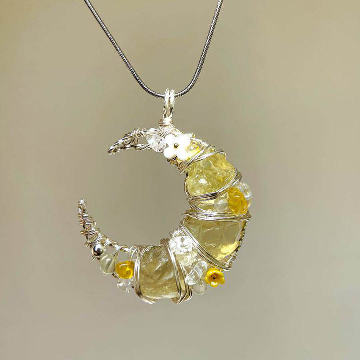 Olivenorma Whimsical Pastel Crescent Moon with Floral Pendant Nature Stone Necklace - Citrine - image 5