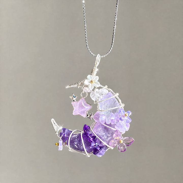 Olivenorma Raw Crystal Olivenorma RawCrescent Moon Pendant with Star & Flower Accents Silver Necklace Crescent Moon Pendant with Star & Flower Accents Silver Necklace - Amethyst & Flower Moon - image 0
