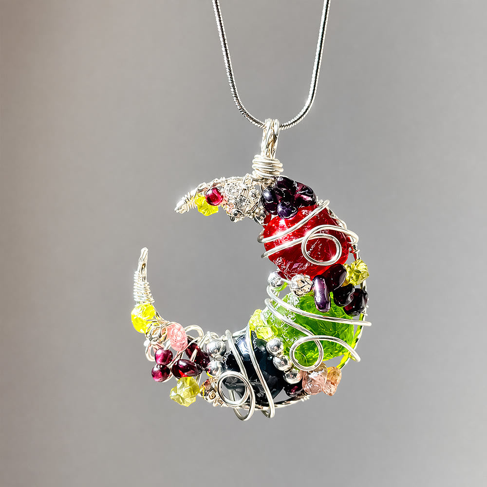 Olivenorma Whimsical Obsidian & Mixed Glass Crescent Moon Wire Wrapped Necklace - Obsidian & Mixed Glass - image 0