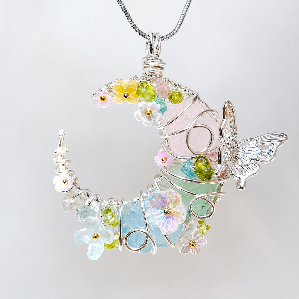Olivenorma Handmade Wire Wrapped Crescent Moon Rose Quartz & Aquamarine Butterfly Floral  Necklace - Aquamarine - image 0