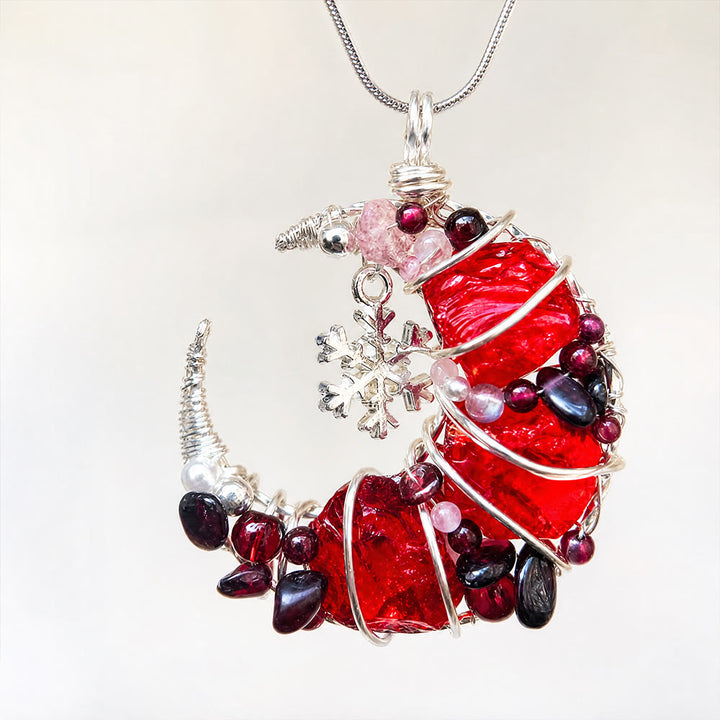 Olivenorma Handmade Wire Wrapped Crescent Moon Garnet & Red Glass Necklace - Red Glass Snowflake - image 0