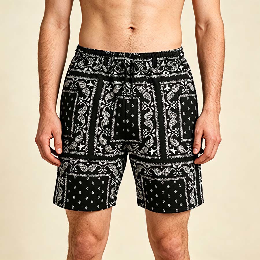 Olivenorma Retro Checkered Paisley Pattern Breathable Loose Summer Men's Short Pants - Black - 2XL - image 0