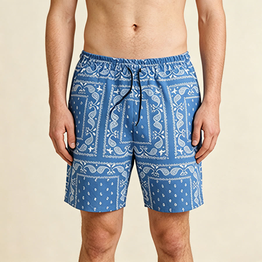 Olivenorma Retro Checkered Paisley Pattern Breathable Loose Summer Men's Short Pants - Blue - 2XL - image 18