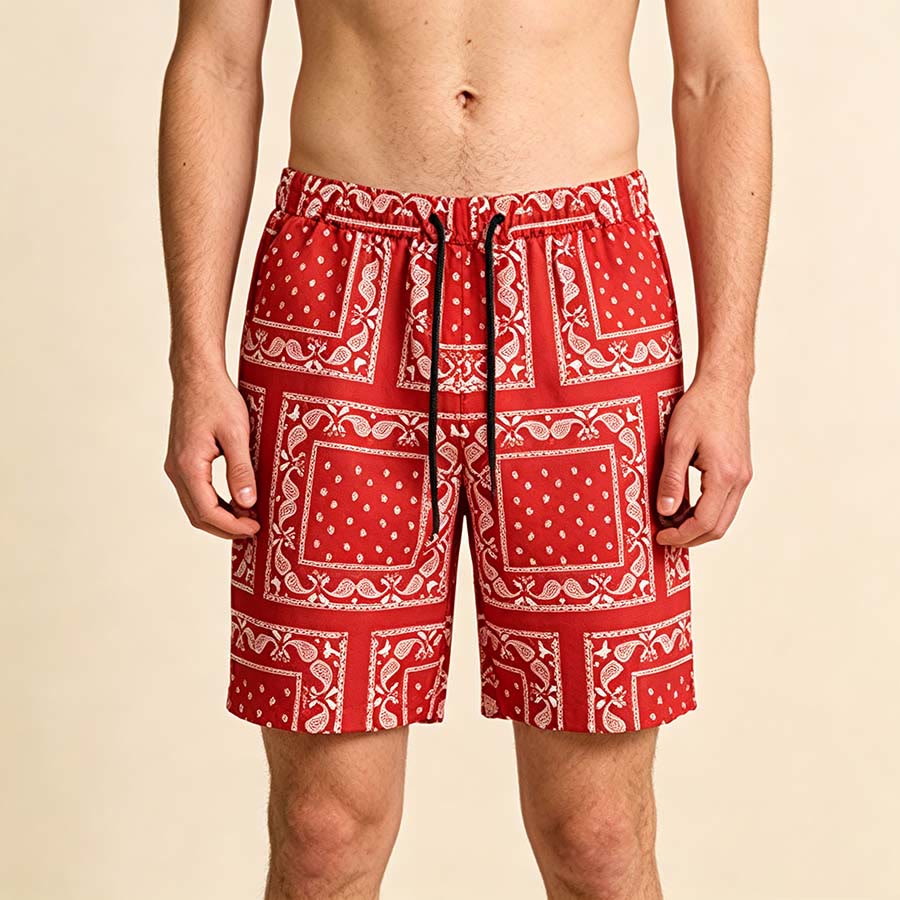 Olivenorma Retro Checkered Paisley Pattern Breathable Loose Summer Men's Short Pants - Red - 2XL - image 23