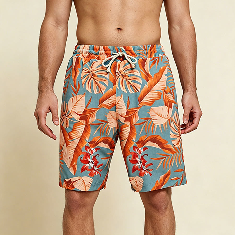 Olivenorma Tropical Leaf Floral Print Elastic Drawstring Loose Fit Men's Short Pants - Green - 3XL - image 0