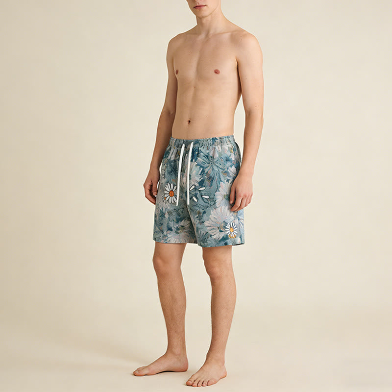 Olivenorma Vintage Oil Painting Daisy Print Embroidery Detail Loose Fit Men's Short Pants - image 7