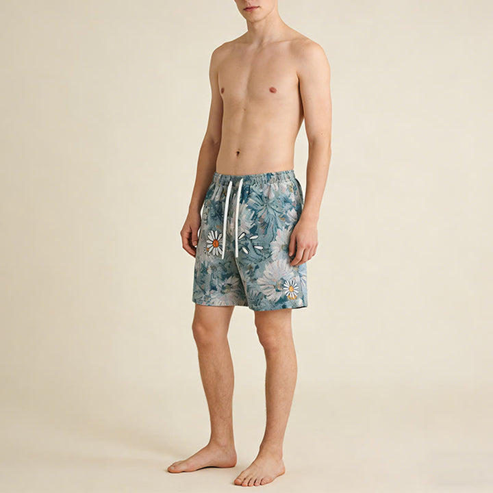 Olivenorma Vintage Oil Painting Daisy Print Embroidery Detail Loose Fit Men's Short Pants - image 7