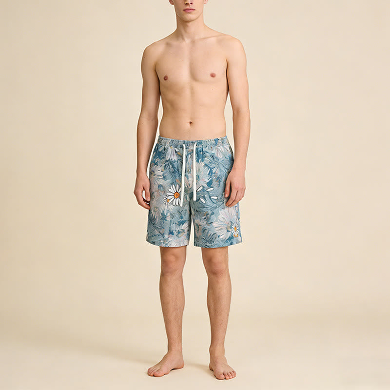 Olivenorma Vintage Oil Painting Daisy Print Embroidery Detail Loose Fit Men's Short Pants - image 6