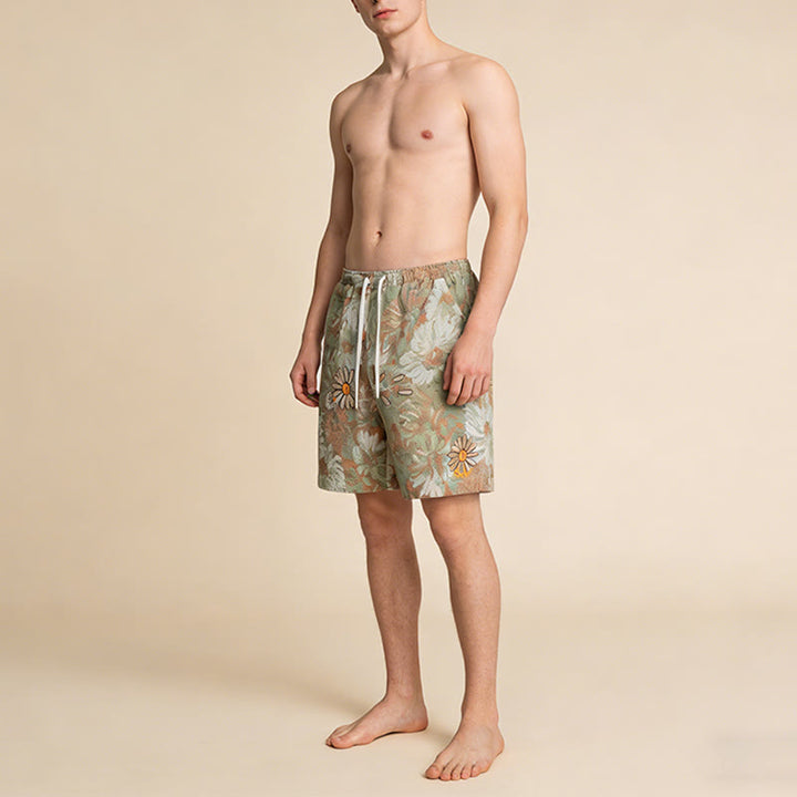 Olivenorma Vintage Oil Painting Daisy Print Embroidery Detail Loose Fit Men's Short Pants - image 2