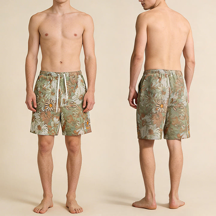 Olivenorma Vintage Oil Painting Daisy Print Embroidery Detail Loose Fit Men's Short Pants - image 4