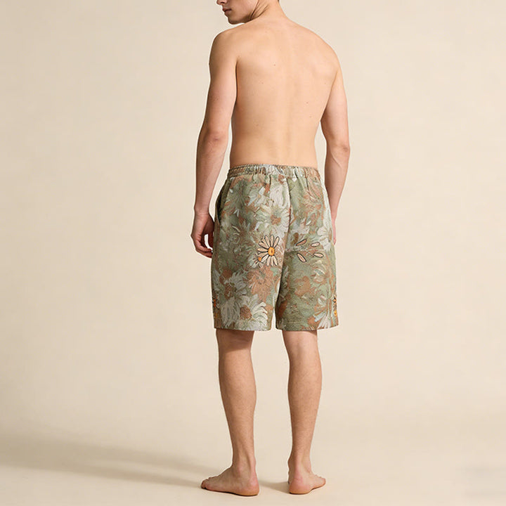 Olivenorma Vintage Oil Painting Daisy Print Embroidery Detail Loose Fit Men's Short Pants - image 3