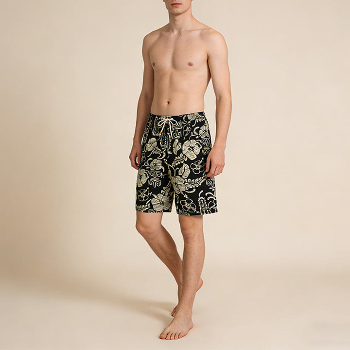 Olivenorma Vintage Hawaiian Hibiscus Tribal Print Elastic Drawstring Loose Fit Men's Short Pants - image 3