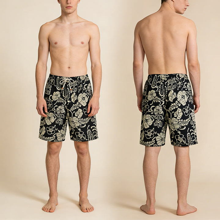 Olivenorma Vintage Hawaiian Hibiscus Tribal Print Elastic Drawstring Loose Fit Men's Short Pants - image 4