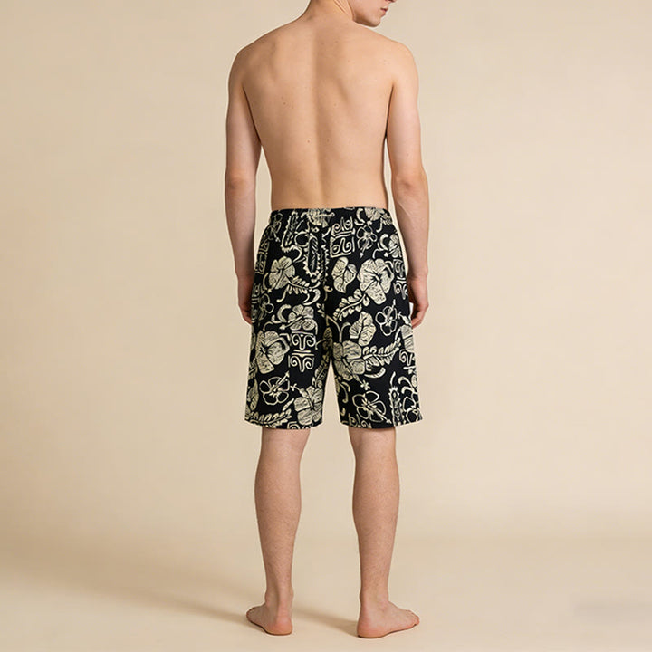 Olivenorma Vintage Hawaiian Hibiscus Tribal Print Elastic Drawstring Loose Fit Men's Short Pants - image 2