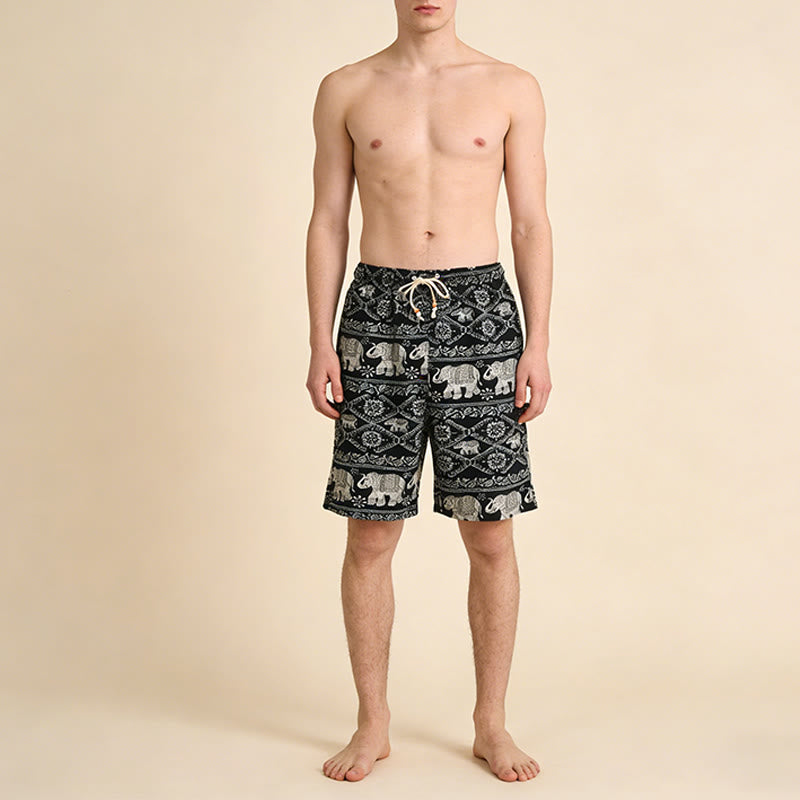 Olivenorma Black Base White Bohemian Elephant Pattern Vacation Beach Casual Men's Short Pants - image 1