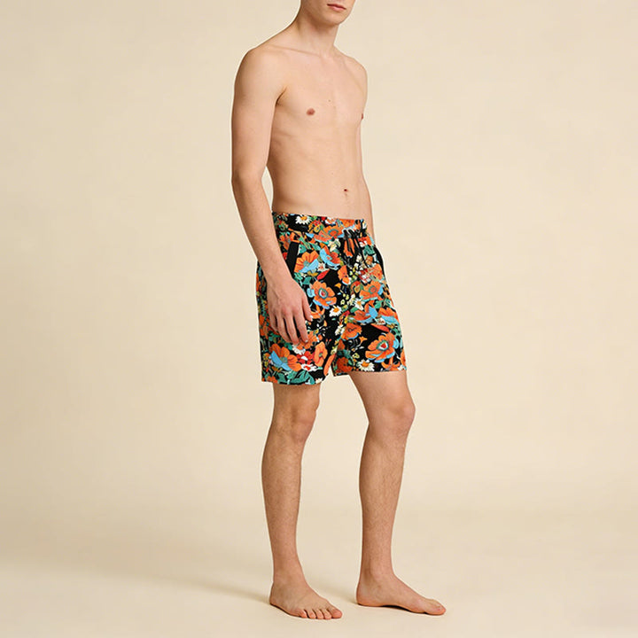 Olivenorma Black Base Vibrant Poppy Daisy Floral Print Drawstring Quick Dry Men's Short Pants - image 2