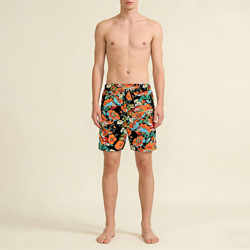 Olivenorma Black Base Vibrant Poppy Daisy Floral Print Drawstring Quick Dry Men's Short Pants - image 1