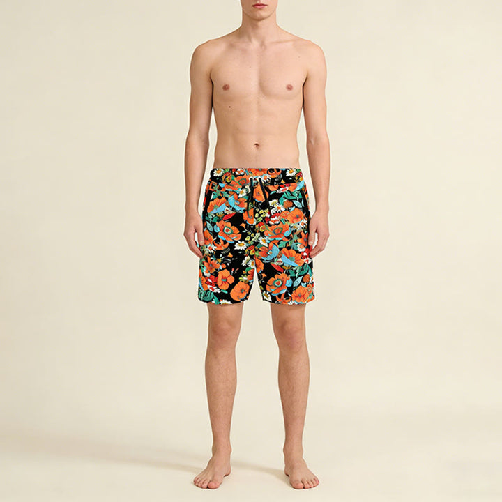 Olivenorma Black Base Vibrant Poppy Daisy Floral Print Drawstring Quick Dry Men's Short Pants - image 1