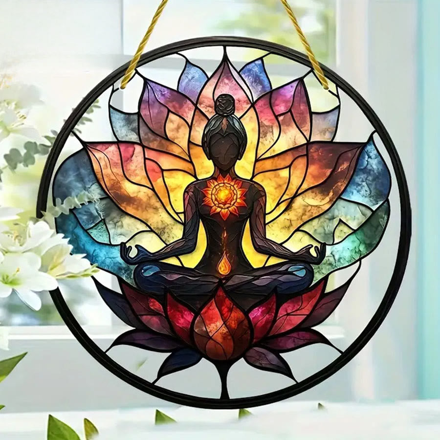 Olivenorma Vintage Stained Glass Effect Zen Chakra Meditation 2D Wall Decor Stained Glass Sun Catcher - image 1