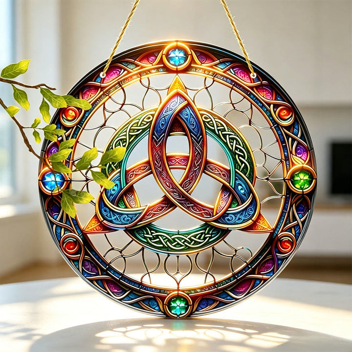 Olivenorma Sacred Celtic Triquetra Gem Accent 2D Window Decor Stained Glass Sun Catcher - image 1