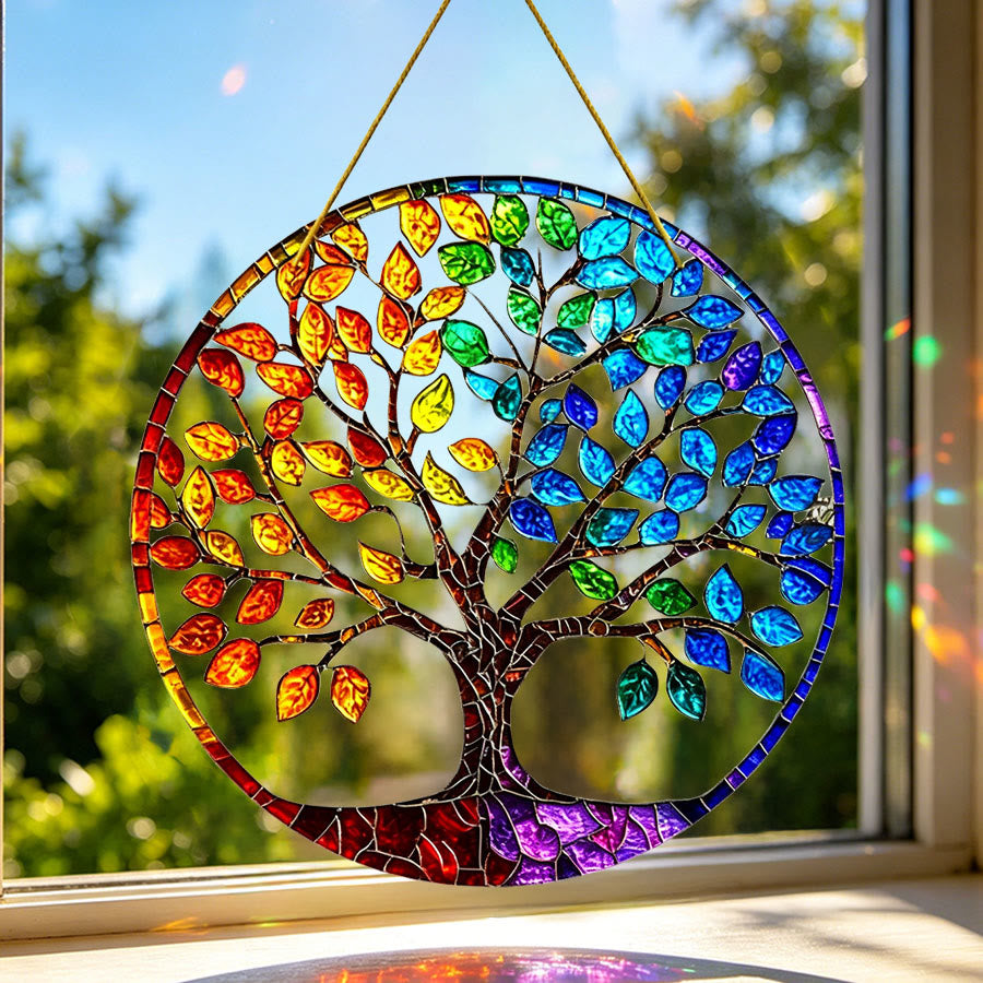 Olivenorma Gradient Seasonal Foliage Tree of Life Window Hanging 2D Stained Glass Sun Catcher - image 1